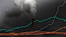 Grafik över utsläppen över en mörk bild på en skorsten som släpper ut rökmoln