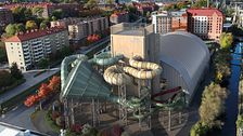 Flygbild över ett äventyrsbad med flera slingrande vattenrutschbanor utomhus. I bakgrunden syns omgivande bostadshus och höstfärgade träd.