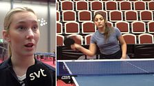 Tvådelad bild. Vänster: SVT-jacka. Höger: Person spelar pingis i tom lokal.