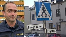 Delad bild. Till vänster: polis i uniform. Till höger: skylt vid korsning Bergsgatan/Nygatan.