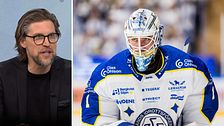 Tvådelad bild. Till vänster: person i mörk tröja. Till höger: hockeymålvakt i blåvit utrustning.