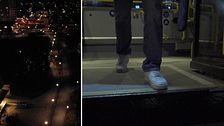 Ett flygfoto över ett bostadsområde. Till höger en mans ben som syns i bild när han går av en buss.