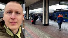 Två bild – ena bilden kortklippt man, svt-fotografen Johannes Tolf. andra bilden visar människor som rör sig vid ett tåg på stationen i Kiev