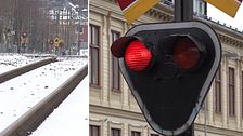 En bild på ett järnvägsspår och en plankorsning till vänster och en närbild på ett stoppljus som lyser rött vid en plankorsning i Sundsvall