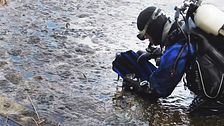 Dykare undersöker vattnet i Sörviken, utanför Aspa Bruk i Askersunds kommun
