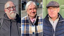 Tredelad bild. Vänster: man i svart hoodie. Mitten: kvinna i rutig kappa. Höger: man i keps och jacka.