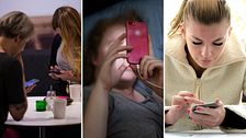 Tredelad bild. Vänster: personer med mobiler. Mitten: en person använder mobil i säng. Höger: person med mobil.