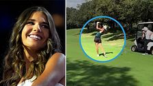 Tvådelad bild. Längst till vänster: en sjungande kvinna. Till höger: golfspelare slår ett slag.
