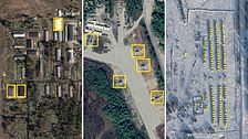 Tredelad satellitbild. Vänster: byggnader med gula rutor. Mitten: fordon markeras. Höger: uppradade tält