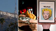 Tredelad bild. Vänster: Hollywood-skylten. Mitten: Person håller hamburgare. Höger: Andy Warhol-verk.