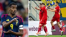 Delad bild. Till vänster: svensk fotbollsspelare i aktion. Till höger: tre spelare i rött firar mål.