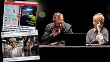 Delad bild. Till vänster: sensationella fejkade bluffartiklar som ser ut som aftonbladet. Till höger: Olof Lundh ringer i en telefon och Jenny strömstedt sitter bredvid