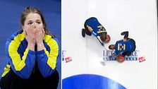 Delad bild. Vänster: Svensk idrottare i gul-blå dräkt. Höger: Curlingspelare sveper isen.