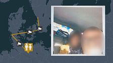 Kartbild på en rutt från södra Sverige genom Danmark till Tyskland. Även en bild på två personer i en bil vars ansikten blurrats.