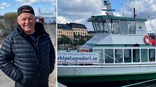 En bild på företagaren och entreprenören Gunnar Smedh i Sundsvall och eldrivna båten Movitz som ska gå mellan Sundsvall och Alnön