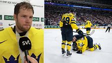 Tre Kronors målvakt FIlip Gustavsson i intervju med SVT. Isac Lundeström ligger ner på isen efter en smäll.