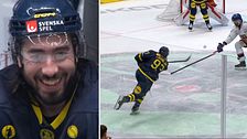 Delad bild. Vänster: hockeyspelare i svensk dräkt. Höger: spelare skjuter puck mot mål.