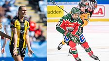 Delad bild. Till vänster: fotbollsspelare i gulsvart. Till höger: ishockeyspelare i action.