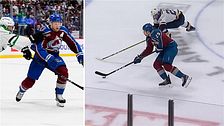 Delad bild. Vänster: Colorado-spelare på isen. Höger: Colorado-spelare jagas av motståndare.