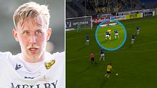 Delad bild. Vänster: spelare i Mjällbytröja. Höger: fotbollsmatch, spelare i närkamp markerad.