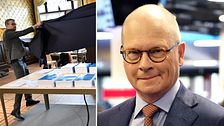 Tvådelad bild. Till vänster avtäcks ett bord med vårbudgeten 2024 utskriven. Till höger SVT:s inrikespolitiske kommentator Mats Knutson.