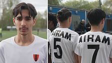 Delad bild. Vänster: fotbollsspelare i vit tröja. Höger: två spelare med nummer 5 och 7. På tröjorna stårdet AIHAM