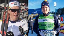 Tvådelad bild. Vänster: Skidåkare med stavar. Höger: Skidåkare med trofé vid tävling.