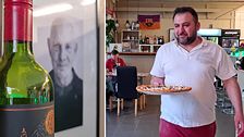 En bild på Lars Norén och på pizzabagaren Riad som döpt en pizza efter kändisen.