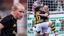 Delad bild. Vänster: kvinnlig spelare i svart tröja. Höger: fotbollsspelare firar mål.
