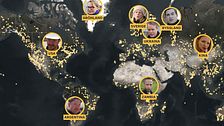Världskarta med SVT:s korrespondenter i Sverige, Ryssland, Ukraina, Kina, Argentina och Zambia.