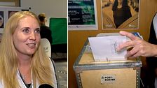 En kvinna syns till vänster, till höger syns en valurna där en man lägger ner ett kuvert med röstsedel..