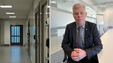 Tvådelad bild. Till vänster: korridor i fängelsemiljö. Till höger: Man i kostym med knäppta händer.