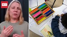 Jurist Anna Medin på Skolverket till vänster och bild på ett barn som sitter med färgglada pennor.