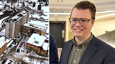 Delad bild. Vänster: snötäckt stadsmiljö med höghus. Höger: person i formell klädsel.