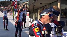 Tvådelad bild. Vänster: skidlöpare jublar med norska flaggan. Höger: kram mellan skidåkare.