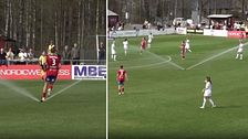 Delad bild. Till vänster: fotbollsspelare nära sidlinjen. Till höger: fotbollsmatch pågår.