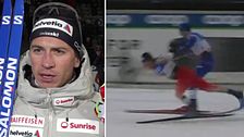 Tvådelad bild. Vänster: skidhjälm med sponsorlogotyper. Höger: två skidåkare kolliderar på spåret.