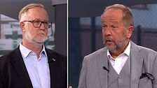 Delad bild. Två män står i studio, en i blå skjorta och svart kavaj, en i ljusgrå kostym.