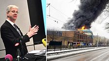 Delad bild. Vänster: person talar vid podiet. Höger: byggnad i brand med rök.