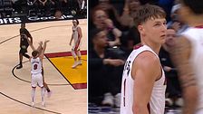 Delad bild. Till vänster: basketspelare skjuter. Till höger: spelare i vitt lagtröja på planen.