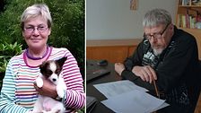 Tvådelad bild. Vänster: kvinna med hund. Höger: man vid skrivbord med dokument.