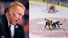 Delad bild. Till höger: Ishockeyspelare duellerar nära mål. Målvakt beredd att försvara.