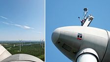 Vindkraftverk och en vindkraftstekniker som vinkar från toppen.