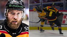 Delad bild. Till vänster en hockeyspelare i närbild. Till höger en tacklingssituation på isen.