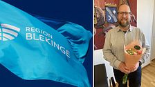 Delad bild. Vänster: Region Blekinges flagga. Höger: person med blombukett inomhus.
