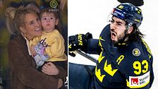 Delad bild. Till vänster: person håller barn. Till höger: ishockeyspelare i landslagsdräkt.