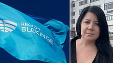 Delad bild. Till vänster: Region Blekinge flagga. Till höger: Kvinna framför byggnad. Sophia Ahlin