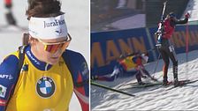 Tvådelad bild. Vänster: Skidskytt i gul dräkt. Höger: Skidskytt faller vid skytteställning.