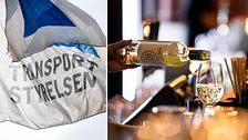 Delad bild. Till vänster: Transportstyrelsens flagga. Till höger: vin hälls upp i ett glas.