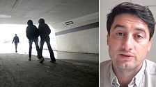 Delad bild. Till vänster: Ungdomar som går i en tunnel. Till höger: Diamant Salihu.
